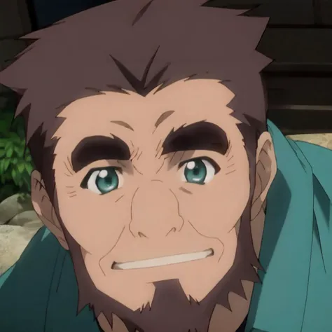 <lyco:umiyan_lora4:0.2:0.8> umiyan, guden gousuke, light smile, looking at viewer, fisheye, aqua overalls, brown hair, fat man, portrait, extremely detailed, greened bridges, blue jacket, green eyes, old man, facial hair, beard, thick eyebrows, <lyco:Higur...