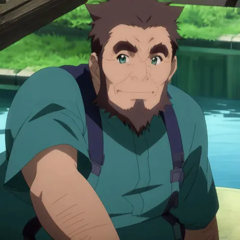 <lyco:umiyan_lora4:0.2:0.8> umiyan, guden gousuke, light smile, fisheye, aqua overalls, brown hair, fat man, extremely detailed, greened bridges, blue jacket, green eyes, old man, facial hair, beard, thick eyebrows, <lyco:HigurashiKaiF:1.0>