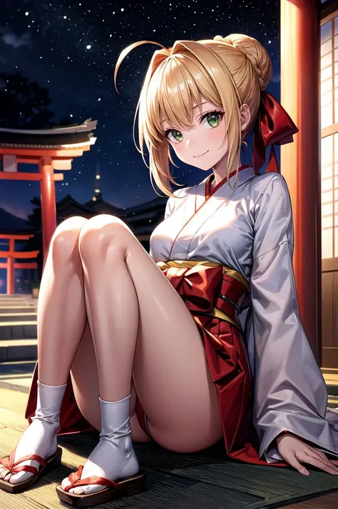 (masterpiece, best quality, detailed), 1girl, solo, looking at viewer, aanero, ahoge, braid, single hair bun, hair ribbon, green eyes, medium breasts,
miko, japanese clothes, red hakama, wide sleeves, white kimono, ribbon trim, hip vent, hakama skirt, outd...