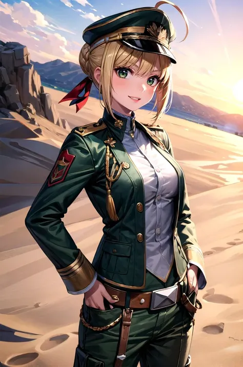 (masterpiece, best quality, detailed), 1girl, solo, looking at viewer, aanero, ahoge, braid, single hair bun, hair ribbon, green eyes, medium breasts,
military uniform, military, soldier, belt, green pants, camouflage, military hat, black jacket, desert, s...