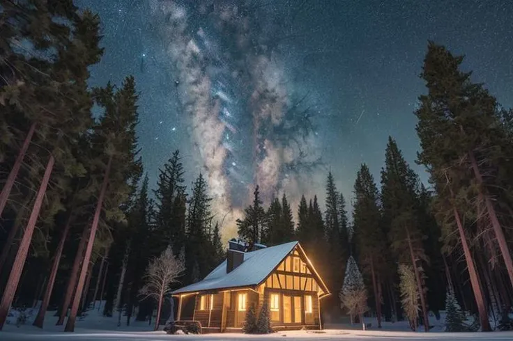 a safe cabin in the woods in the evening with warm light coming from the windows and stars in the sky  , <hypernet:longexposure:...