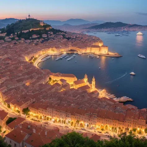 highly detailed evening cityscape of dubrovnik, croatia,   hd, trending on artstation, volumetric lighting, dof,   <hypernet:lon...