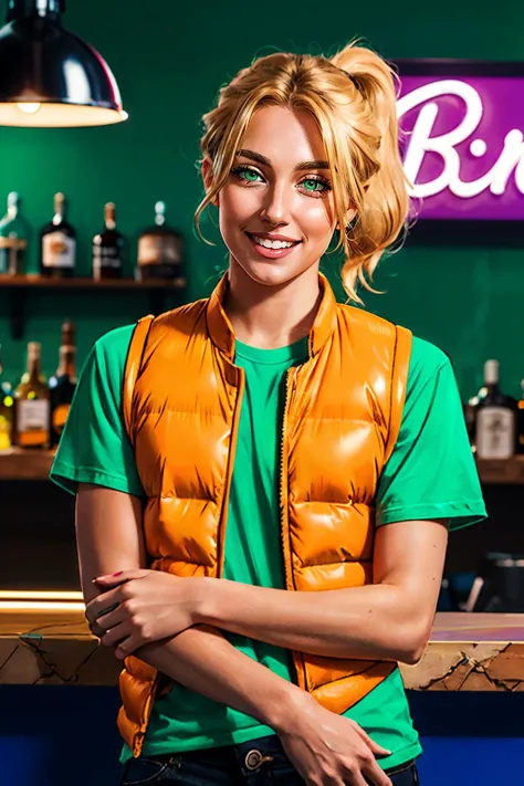 HLMAlex, blonde hair, hair over eye, ponytail, green eyes, orange vest, green shirt, looking at viewer,smiling, close up, inside, bar, neon lighting, high quality, masterpiece, <lora:AlexHLM:.8>