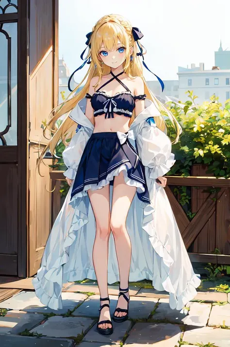 <lora:LegLength&Muscular_400steps:1.5>, ultra detailed, masterpiece, best quality, solo, soft smile, light smile, full body, 
1girl, blue eyes, very long hair, blonde hair, long blonde hair, french braid, bangs, medium breasts,
hair ribbon, criss-cross hal...