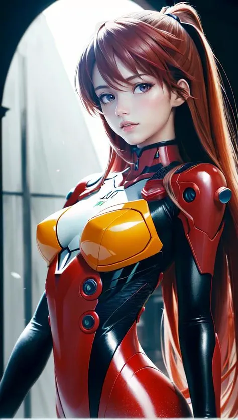 (best quality, masterpiece, colorful, dynamic angle, highest detailed)(Asuka Langley), upper body photo, fashion photography of cute red long hair girl (Asuka Langley), dressing  high detailed Evangelion red suit (high resolution textures), in dynamic pose...