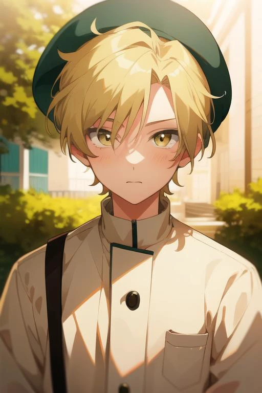 masterpiece, best quality, illustration, 1boy, solo, male focus, looking at viewer, , depth of field, <lora:hijiri_koganei:0.70>, hijiri_koganei, blonde hair, yellow eyes, jacket, hat