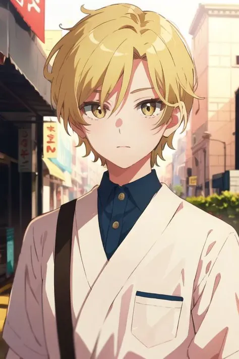 masterpiece, best quality, , 1boy, solo, male focus, looking at viewer, upper body, depth of field, <lora:hijiri_koganei:0.64>, hijiri_koganei, blonde hair, yellow eyes, ,