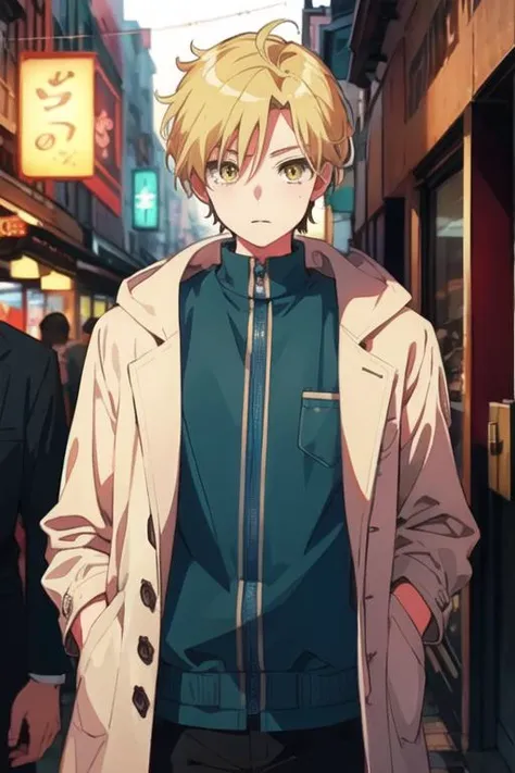 masterpiece, best quality, , 1boy, solo, male focus, looking at viewer, , , <lora:hijiri_koganei:0.68>, hijiri_koganei, blonde hair, yellow eyes, coat,