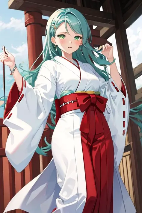 best quality, masterpiece, highres, solo, {white kimono:1.35}, {red hakama:1.35}, {wide sleeves:1.20}, {hikawa_sayo_bangdream:1.15}, green_eyes, aqua_hair, long_hair, bangs, blush, jewelry