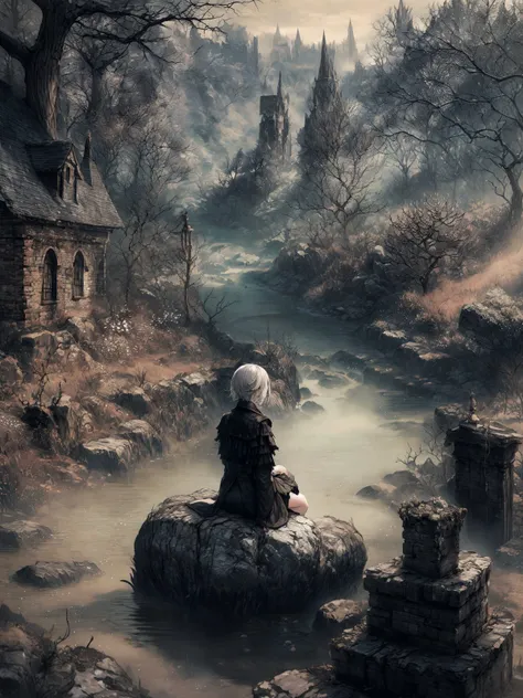 <lora:add_detail:0.8> 1girl, sitting on stone, white short hair, forest, river on background, spring, white cloth, <lora:Bloodborne-000075:0.8> Bloodborne