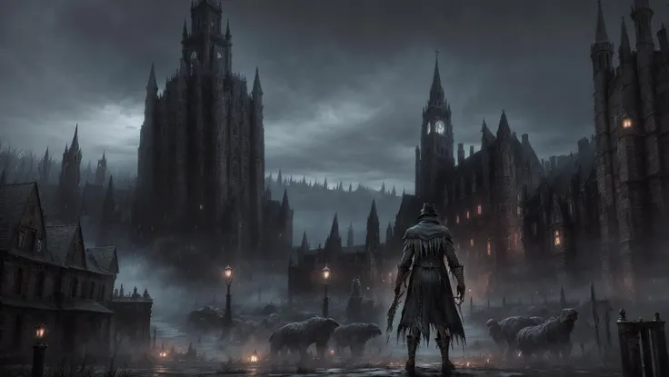 Bloodborne,monster,city:1.1, <lora:Bloodborne-000075:0.4>,1men,panorama, solo,