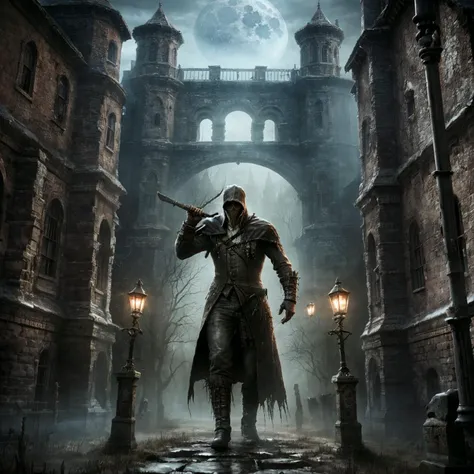 a man in a long coat holding a sword in a dark alley