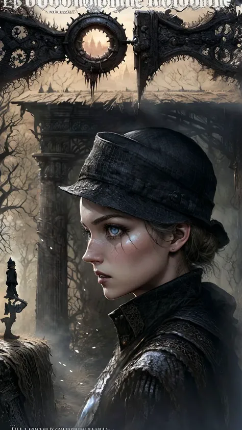 Bloodborne,(magazine cover:1.4),english text,(Text:"Bloodborne":1.2),(Subtitle:1.2),Clear text,logo,vogue (magazine),subtitled,red writing,(simple background:1.2),1girl,solo,emaciated,boney,(look at viewer:1.2),<lora:Bloodborne-000075:0.8>,