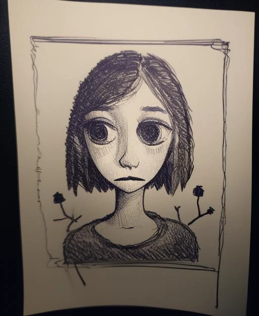 a drawing of a girl with big eyes and a sad look