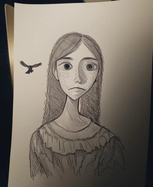 a drawing of a woman with a bird flying in the background