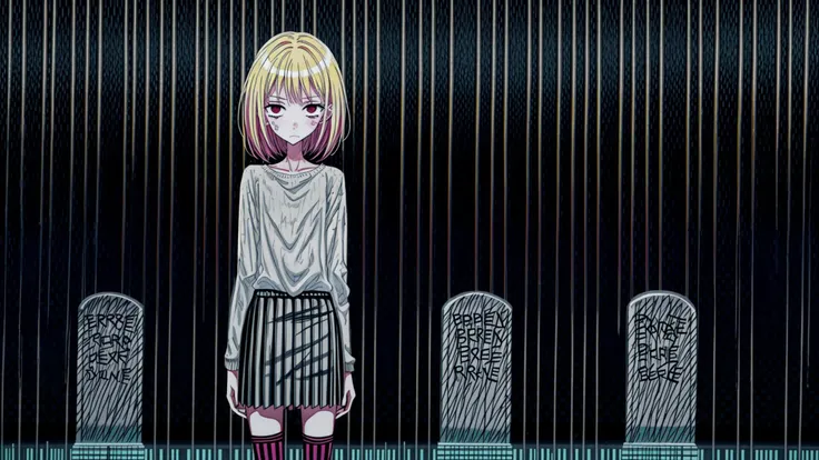 3girls, thin, skinny, slender, young, striped sweater, skirt, thighhighs, bored expression, bob cut, graveyard, magenta, orange,...