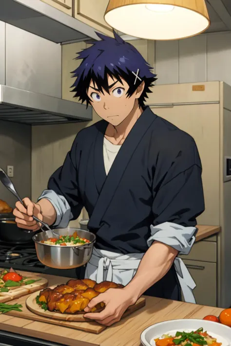 best quality, Mature male, Looking straight at the camera, <lora:raku-10:.8> ichijou raku, cooking food, kitchen