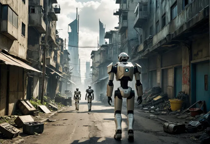 robots walking down a street in a city with buildings in the background