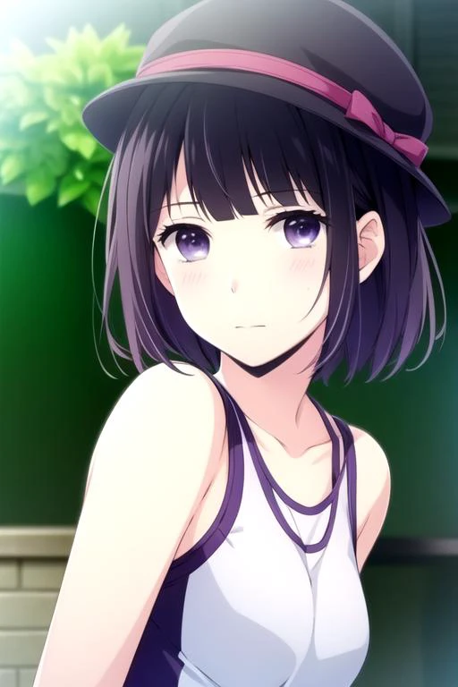 masterpiece, best quality, game cg, 1girl, solo, looking at viewer, upper body, depth of field, , realistic, <lora:hanabi_yasuraoka:0.74>, hanabi_yasuraoka, black hair, purple eyes, activewear, cloche hat, fairytale,