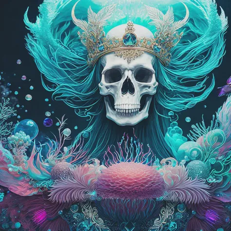 a goddess (skeleton:1.1) macro closeup portrait with crown made of ram skull. betta fish, jellyfish phoenix, bioluminiscent, plasma, ice, water, wind, creature, super intricate ornaments artwork by tooth wu and wlop and beeple and greg rutkowski