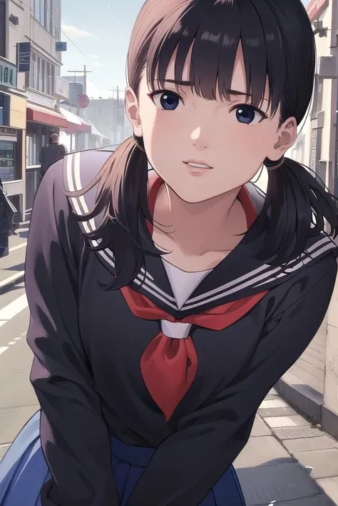 taekojima, <lora:tae kojima manga-lora-nochekaiser:1>,
tae kojima, bangs, twintails, black hair, (black eyes:1.5), low twintails,
BREAK serafuku, school uniform, shirt, blue shirt, blue sailor collar, long sleeves, skirt, blue skirt, neckerchief, red necke...