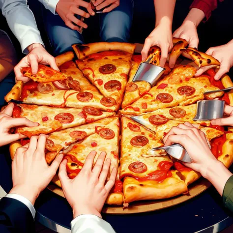 several people are holding pizza slices in a circle with a pizza cutter