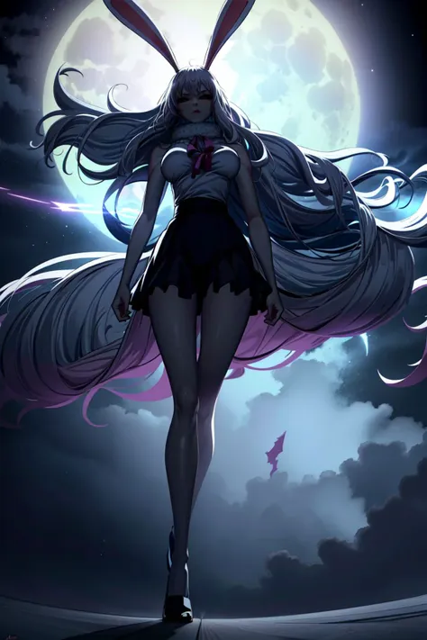 anime girl with long hair and bunny ears walking in front of a full moon