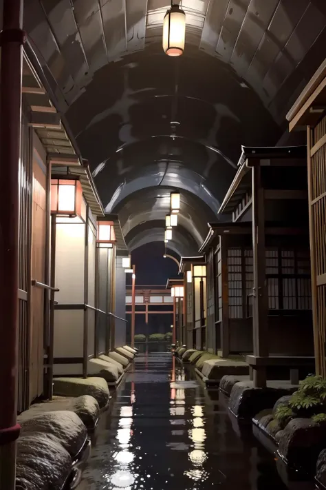 arafed hallway with benches and lamps in a japanese style building