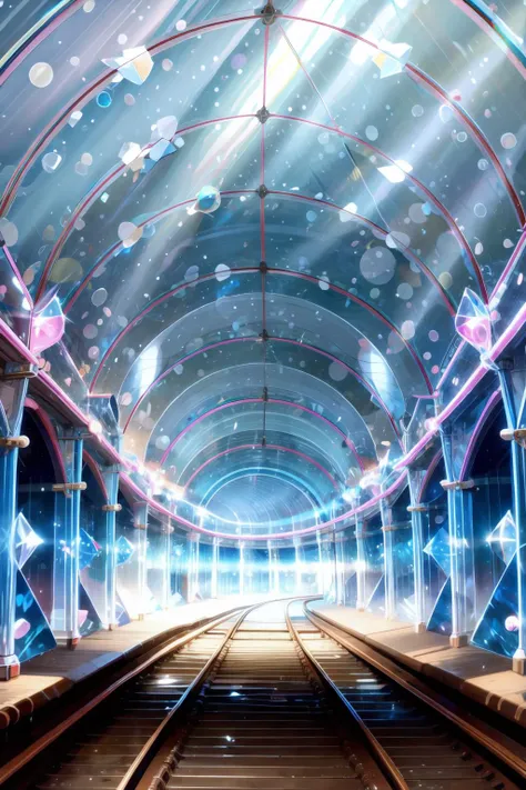 anime train station with lights and a tunnel with a train