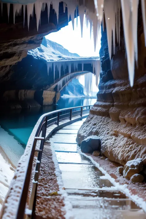 a close up of a walkway with a bridge and a cave in the background