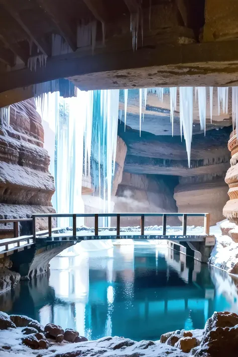 araffes in a cave with a bridge and a pool of water