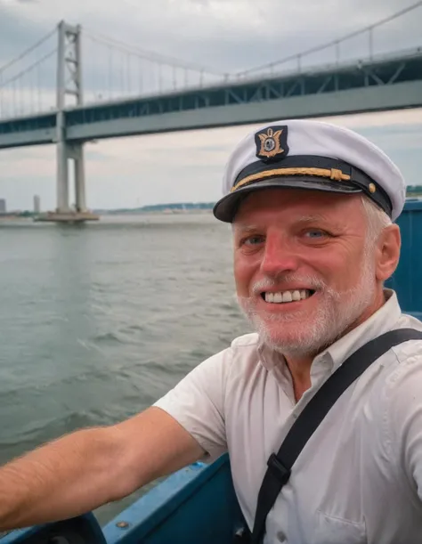 (Harold:1.2), driving a cargo boat with container, (white captain outfit:1.1),  taking a selfie, maniac smile, laugh until you cry, near Francis-Scott-Key bridge, Candid photography, infrared photography, grainy, <lora:add-detail-xl:1>,  <lora:harold:1>