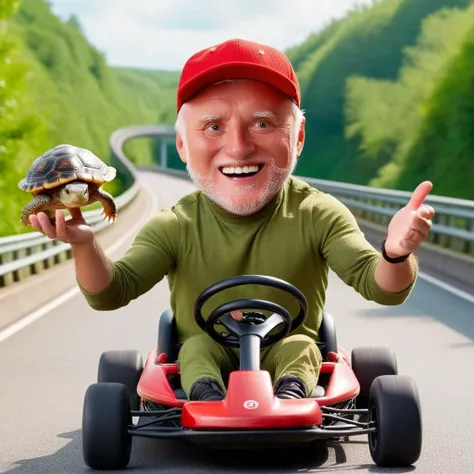 cinematic photo (Harold:1.2) smiling, fantasy world, driving a go-kart on a high-way, red hat "M", throwing a huge round turtle shell . 35mm photograph, film, bokeh, professional, 4k, highly detailed  <lora:add-detail-xl:1.5>  <lora:harold:1>  <lora:Mario1...