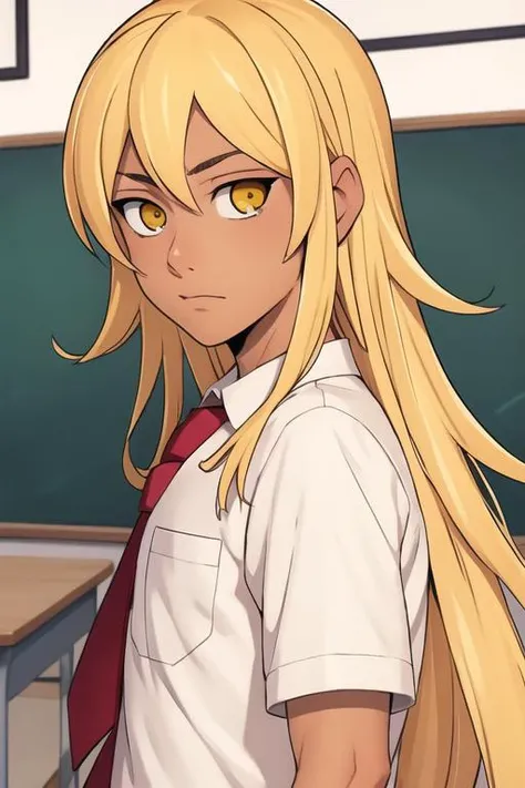 masterpiece, best quality, high quality, 1boy, solo, male focus, looking at viewer, upper body, <lora:hou_kami_no_tou:0.62>, hou_kami_no_tou, blonde hair, long hair, yellow eyes, , , school uniform