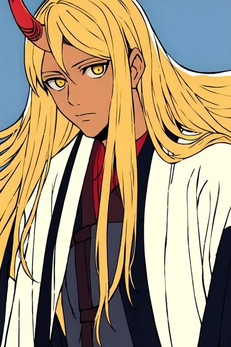 masterpiece, best quality, high quality, 1boy, solo, male focus, looking at viewer, upper body, <lora:hou_kami_no_tou:0.76>, hou_kami_no_tou, blonde hair, long hair, yellow eyes, single horn, realistic, coat