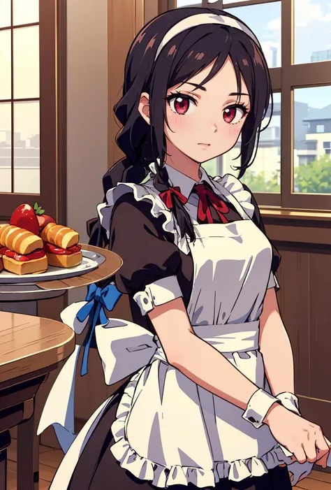 (masterpiece, best quality), 1girl,   <lora:KakeiMihaya-10:0.8> KakeiMihaya, 1girl, solo, long hair, black hair, red eyes, ribbon, single braid, hairband, apron, maid,