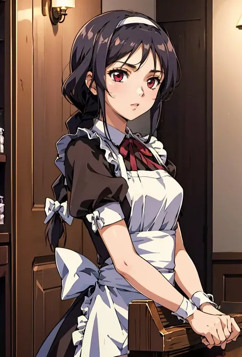 (masterpiece, best quality), 1girl,   <lora:KakeiMihaya-10:0.8> KakeiMihaya, 1girl, solo, long hair, black hair, red eyes, ribbon, single braid, hairband, apron, maid,