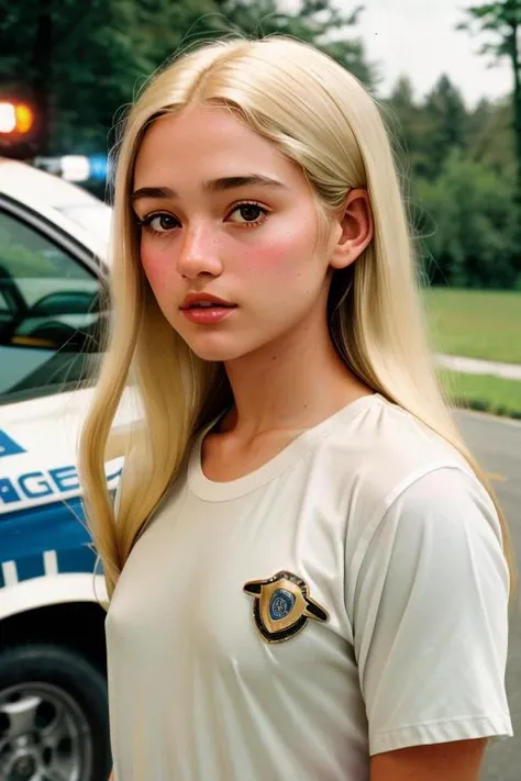 D1vaLove,blonde,(oversized white t-shirt,police car:1.2),arms at side,style by Dan Winters,RAW photography,film grain,photo taken with a Bolex H16,RAW,color graded portra 400 film,remarkable color,realistic dull skin noise,analog style,highest quality,skin...