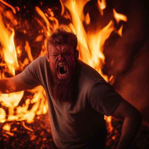 angry man burning in fire, bit_ugly looking