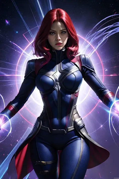 a woman in a black widow outfit with red hair and a cape