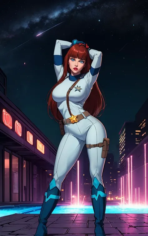 ((masterpiece, best quality)), insaneres, absurdres, solo, looking at viewer, 
CARTOON_AdventuresofGalaxyRangers, 
1girl, long hair, brown hair, bangs, blunt bangs, makeup, lipstick, lips, blue eyes, red hair,  large breasts, very long hair, 
skin tight,  ...