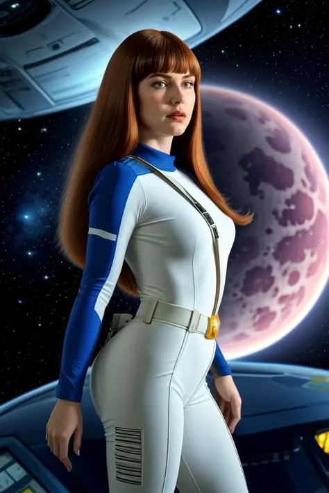 a woman in a white and blue suit standing in front of a spaceship