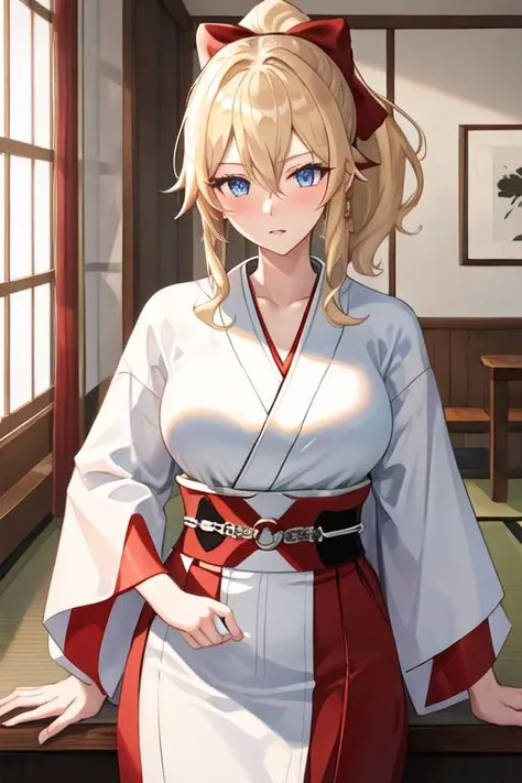 best quality, masterpiece, highres, solo, {white kimono:1.35}, {red hakama:1.35}, {wide sleeves:1.20}, {jean_genshin:1.15}, blonde_hair, blue_eyes, bangs, ponytail, long_hair, sidelocks, breasts, hair_between_eyes, bow, hair_bow, blush, large_breasts