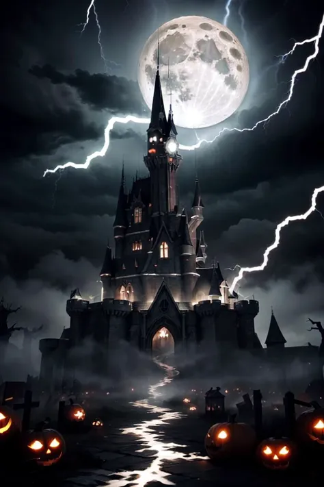 <lora:BoneMagic-22:0.8>, bonemagic, energy stream, high quality poster design of a Halloween evil haunted castle. Full moon and stormy sky with lightning and thunder in background. Unreal, funny Abstract doodle style drawing illustration