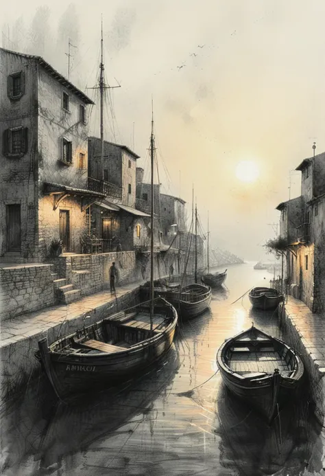 a concept art with black pencil drawing of fishing boats in an old mediterranean village port on sunset. in style of greg girard...