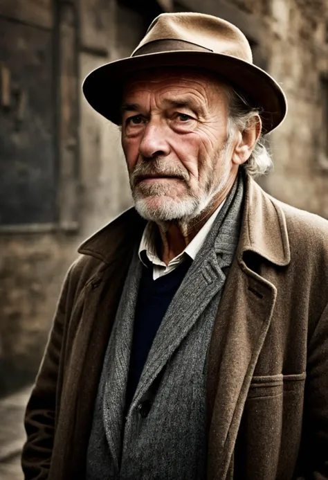 arafed man in a hat and coat standing in a street