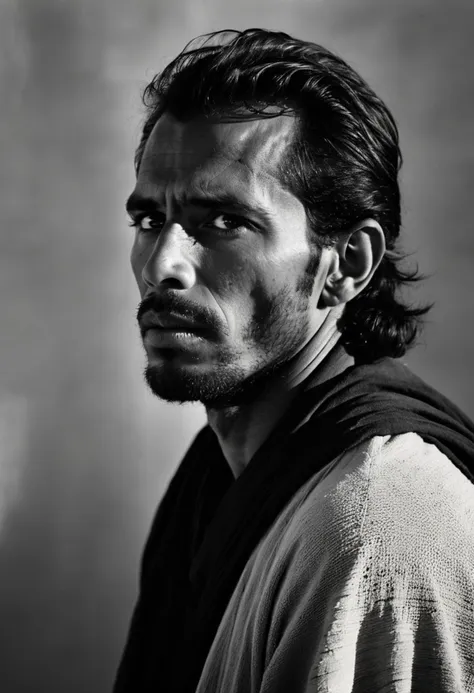 A dreamy Haze Photography of a tuareg shepherd looking away,head and shoulders portrait, Light & Shadow play, rule of thirds,art by Shirin Neshat, photorealistic, Skin details, Skin pores, skin blemished and small wrinkles, emotional,