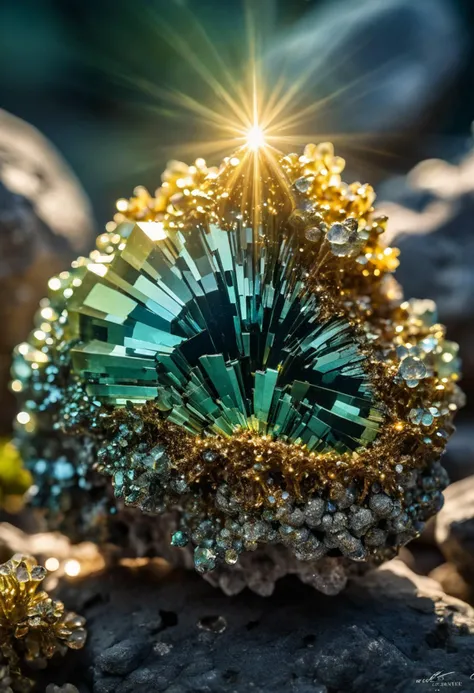 photographic, extremely high quality high detail RAW color photo, exquisite details of a concretion of rough crystals of Uvavorite and pyrite, with effects of shine, shimmer and light burst effects under the rays of the sun, a softly glowing celestial bein...