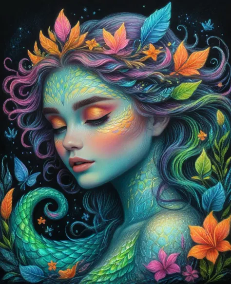 chalk pastels illustration on black of a very detailed siren, alluring beauty, awesome appearance, magical landscape with enchan...