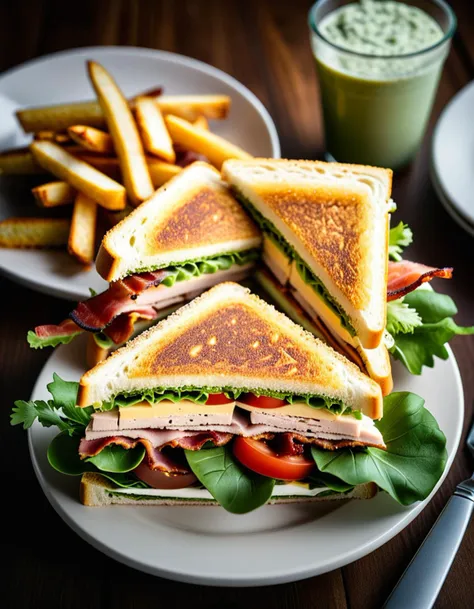 top-down view digital photography, (club sandwich neatly arranged on white plate:1.2), centered composition, crisp toasted bread...